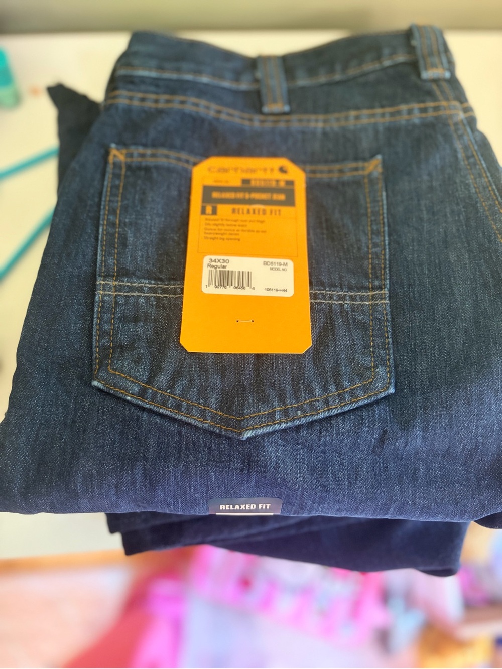 Carhartt Men's Relaxed Jeans - Dark Blue Denim with Gold Stitching